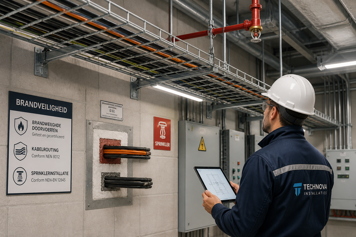Moderne technische ruimte met een open draadgoot vol kabels, brandwerende doorvoeren en een professional die inspecteert met een tablet.