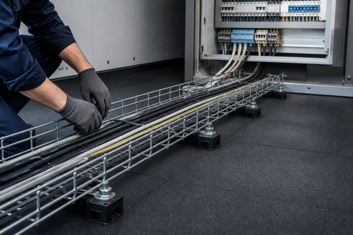 Een elektrotechnische installateur werkt aan een open staaldraden draadgoot boven een plat dak, met kabels in de meterkast.