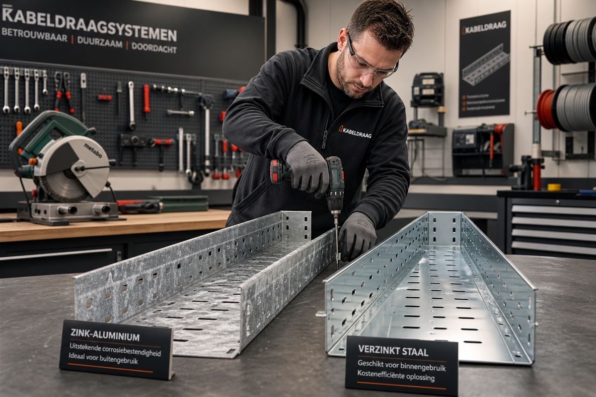 Een installateur in professionele outfit installeert kabeldraagsystemen in een moderne, goed verlichte werkplaats.